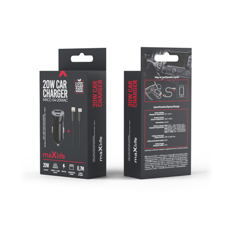 Maxlife ładowarka samochodowa PD QC MXCC-04 1x USB-C 1x USB 20W czarna + kabel USB-C - Lightning 27W