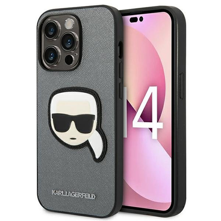 Karl Lagerfeld nakładka do iPhone 14 Pro 6,1\" KLHCP14LSAPKHG srebrna PU Saffiano case with Karl Head Patch