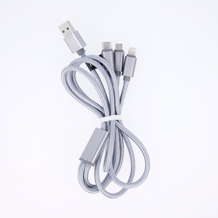 Maxlife kabel 3w1 USB - Lightning + USB-C + microUSB 1,0 m 2,1A szary nylonowy