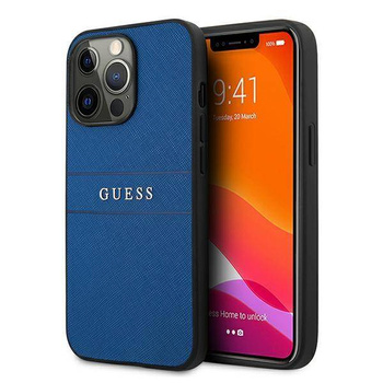 Guess nakładka do iPhone 13 Pro  GUHCP13LPSASBBL niebieskie Saffiano Strap